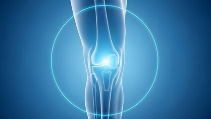 Digital illustration of a translucent human knee joint highlighted with a glowing blue circle symbolizing orthopedic health care and medical research focus