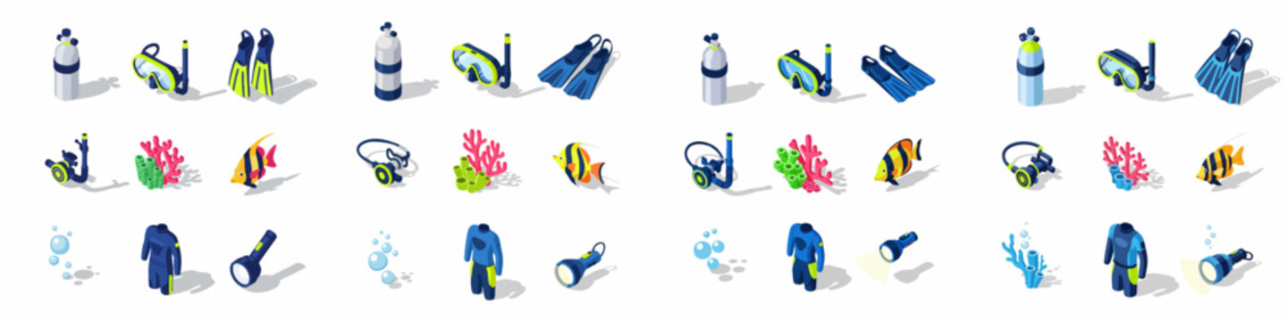 Isometric icon set of scuba diving equipment and underwater elements including tank, mask, fins, wetsuit, coral, and tropical fish for marine exploration.