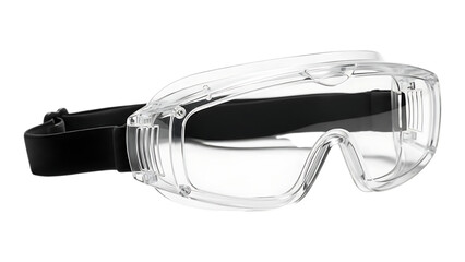 clear safety goggles with black strap and protective eyewear lens for industrial and laboratory use on transparent background