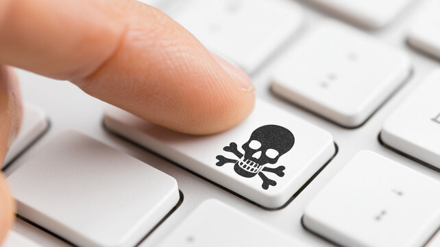 Finger pressing a keyboard key with a skull icon illustrating malware attack cyber threat and computer security risk.
 - Powered by Adobe