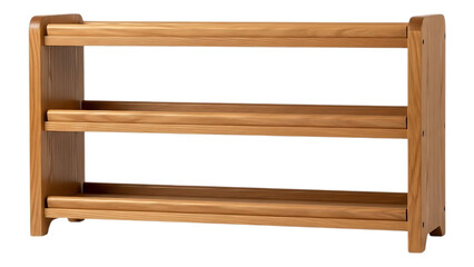 wooden three tier shelf made of light brown wood with rounded edges and smooth finish on transparent background