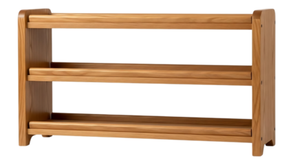 wooden three tier shelf made of light brown wood with rounded edges and smooth finish on transparent background