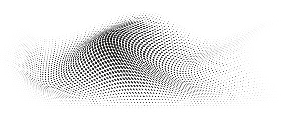 Flowing Wave Dot Halftone Pattern: Curve Gradient Shape on Transparent Background. Suitable for AI, Tech, Network, Digital, Science, and Technology Themes.