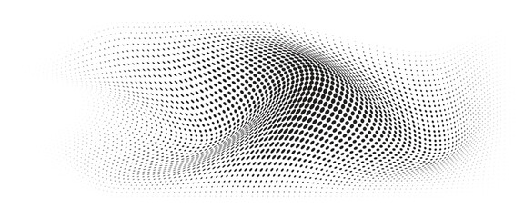 Flowing Wave Dot Halftone Pattern: Curve Gradient Shape on Transparent Background. Suitable for AI, Tech, Network, Digital, Science, and Technology Themes.