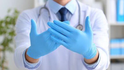 Doctor putting on medical gloves to symbolize hygiene safety protocols and professional preparation in healthcare environments.
