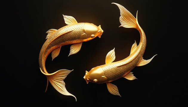 Two golden koi fish swim in dark water. Rich metallic scales detail. Digital illustration evokes wealth, harmony, Asian culture. Elegant design wallpaper symbolizes good luck, prosperity in business.