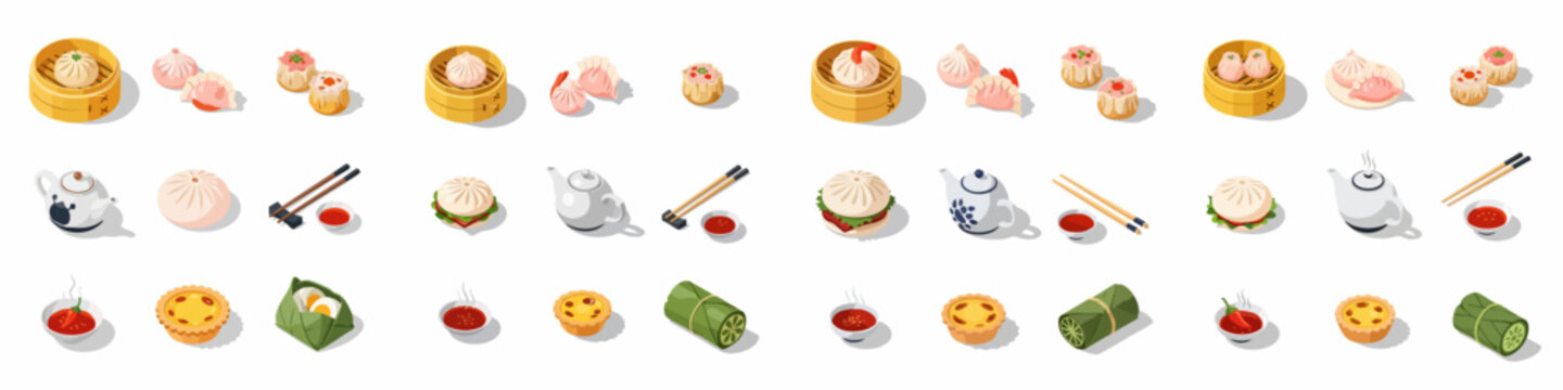 Isometric collection of traditional Chinese Dim Sum dishes including dumplings, steamed buns, egg tarts, teapots, and chopsticks, isolated on white background.