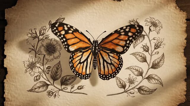 A monarch butterfly on vintage paper with flowers and leaves in the background, possibly used for design or decoration