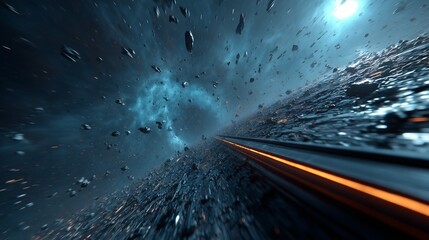 Fototapeta premium Viaje interestelar entre asteroides con estelas de luz, Mockup para videojuego de ciencia ficción, Fondo para evento tecnológico con estética futurista, basura espacial, campo de asteroides 