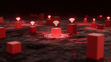 Red cubes connected by wireless symbols on a circuit board illustrating network vulnerability cybersecurity risk and digital threat detection.
