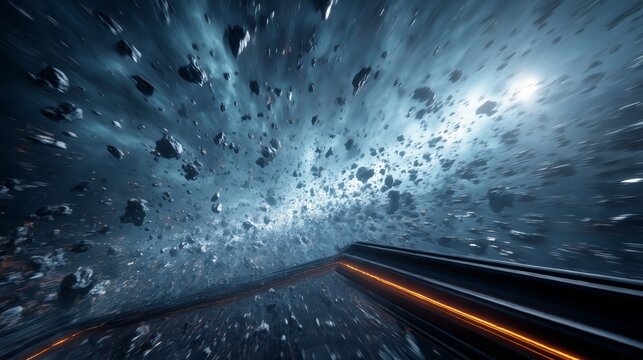 Est&eacute;tica sci-fi para visuales de marca, Campo de asteroides con luz azul y naranja, Rocas espaciales en movimiento con destellos de luz, Fondo futurista para videojuego espacial