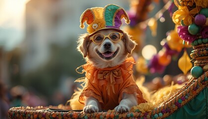A dog dressed in a colorful jester costume rides on a vibrant float in a festive parade