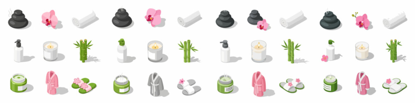 Isometric Spa and Wellness Objects Set: Massage Stones, Orchids, Towels, Candles, Lotions, Bathrobes, and Slippers for Relaxation Concepts.