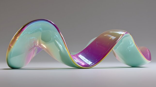 Escultura abstracta de cristal iridiscente sobre fondo neutro, Forma sinuosa de vidrio con reflejos de arco&iacute;ris, Dise&ntilde;o vanguardista con est&eacute;tica de alta tecnolog&iacute;a