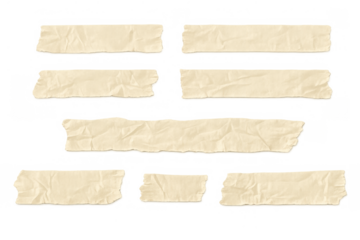 Masking tape pieces creating a collection of adhesive strips with wrinkled texture on transparent background