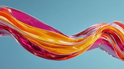 Onda abstracta con capas de color amarillo y fucsia sobre fondo celeste, Formas onduladas de color vibrante sobre fondo azul claro, Dise&ntilde;o gr&aacute;fico minimalista con est&eacute;tica de fluidos
