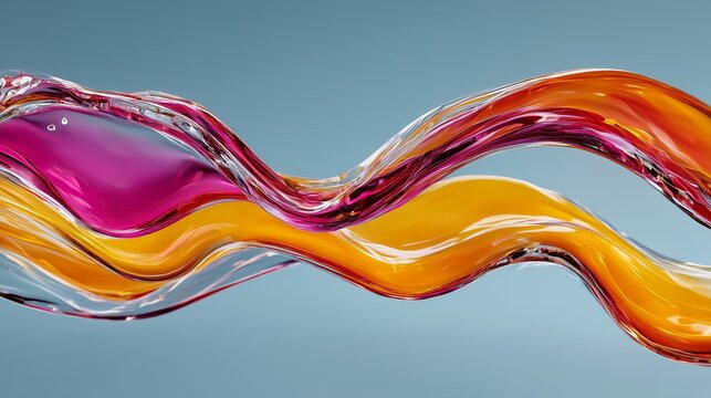 Onda abstracta con capas de color amarillo y fucsia sobre fondo celeste, Formas onduladas de color vibrante sobre fondo azul claro, Dise&ntilde;o gr&aacute;fico minimalista con est&eacute;tica de fluidos