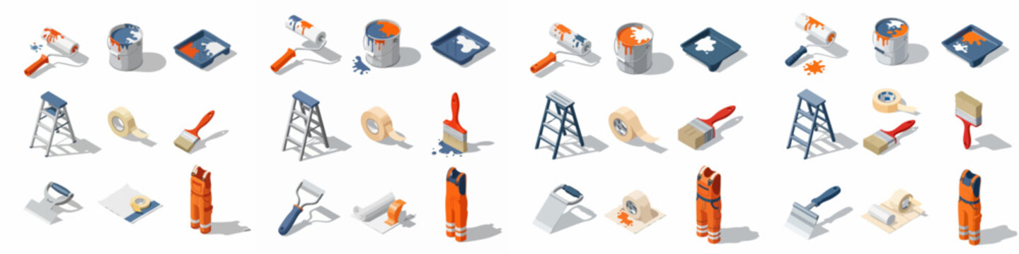 Isometric Set of Painting and Renovation Tools: Paint Cans, Rollers, Brushes, Ladder, Tape, and Overalls Icons for Home Improvement and Construction.