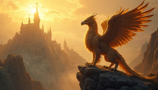 Majestic griffin perches on cliff overlooking misty valley, ancient castle. Golden hour sun illuminates mythical creature, fantasy architecture. Bird eagle lion hybrid surveys domain from high rocky - Powered by Adobe