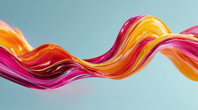 Onda abstracta en tonos rosa, naranja y amarillo sobre fondo celeste, Imagen de tendencia con est&eacute;tica de fluidos iridiscentes, Forma fluida con degradado de color vibrante