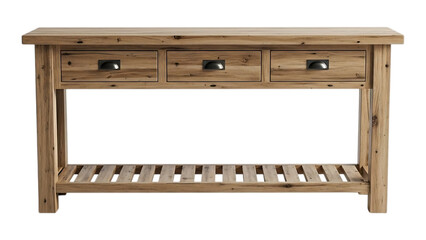 rustic wooden console table with three drawers and open shelf storage made of natural wood furniture on transparent background
