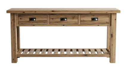 rustic wooden console table with three drawers and open shelf storage made of natural wood furniture on transparent background