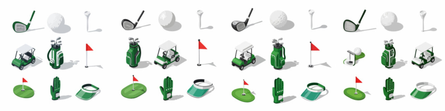 A detailed isometric golf equipment icon collection including clubs, balls, tees, carts, bags, flags, gloves, and visors for sports graphics.
