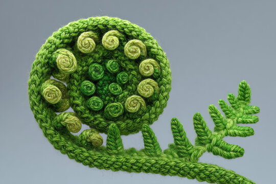 Сrocheted green fern koru frond. New Zealand iconic fern koru. 