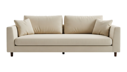 Modern beige three-seater sofa with throw pillows and wooden legs for living room interior design on transparent background