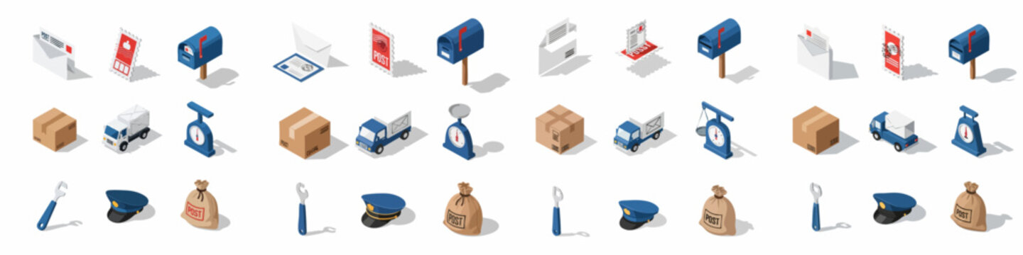 Comprehensive isometric icon set for postal delivery, logistics, shipping, mail transport, and customer service elements.