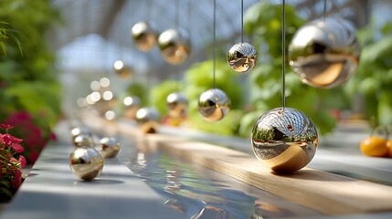 Silver Metallic Pendulum Balls in Motion Physics Experiment on Wooden Surface