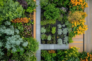 Birds eye view of a modern garden layout using sensors and irrigation system