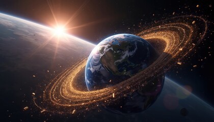 Earth orbit illustration shows satellites and celestial bodies. Planet with surrounding glowing debris represents tech future. Concept of space exploration and innovation. Sun shines on planet.