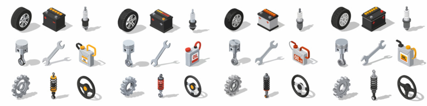 Seamless isometric background pattern featuring essential automotive components for repair, maintenance, and vehicle service.