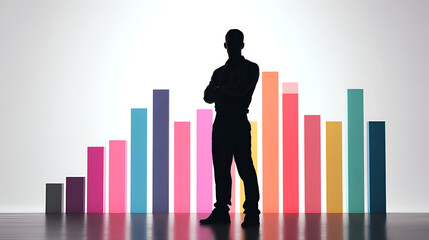 Silhouette of a man standing in front of a colorful bar graph.