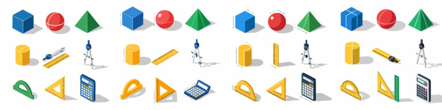Isometric set of colorful geometric shapes (cube, sphere, pyramid) and mathematical tools (ruler, compass, calculator) on white background.