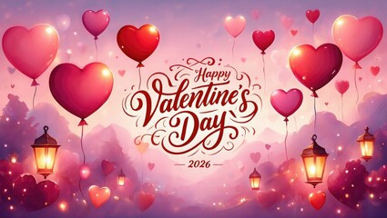 Obraz premium Happy Valentines Day 2026 Heart Balloons Lanterns red heart