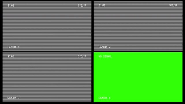 Four way spilt CCTV camera frame overlay with glitch and distortion effect. 4k video.