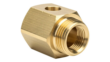 Brass connector fitting with threaded end and hexagonal body for plumbing and piping systems on transparent background