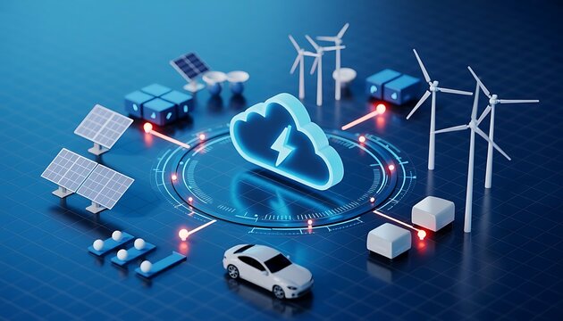 Isometric 3D Cloud Computing and Renewable Energy Ecosystem with Wind Turbines and Solar Power - Powered by Adobe