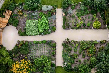 Birds eye view of a modern garden layout using sensors and irrigation system