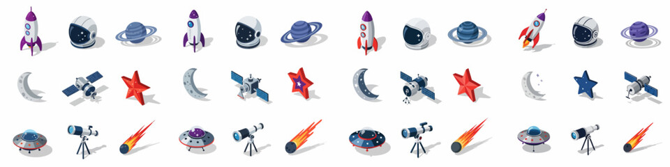 Isometric Space Objects Icon Set: Rockets, Planets, Astronaut Helmets, Satellites, Moons, Stars, UFOs, and Telescopes for Astronomy and Exploration Graphics. © Asep