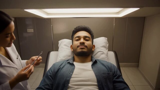 Professional wide sweep of an upscale dental surgery featuring a reclined patient under a soft medical LED glow.