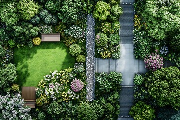 Aerial view of a smart garden plan including connected sensors and water flow