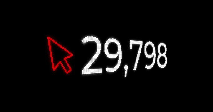 Concept of counting interactions with digital platforms with a red cursor icon and white numbers on a black background in a digital style