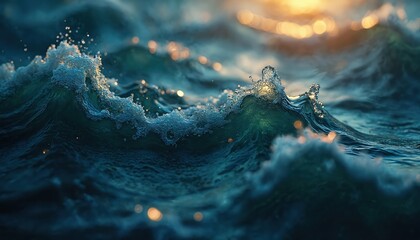 Abstract ocean wave art with shimmering gold sunlight reflecting on water surface. Deep blue water with splashes creates a serene, tranquil mood. Artistic photo for background design.