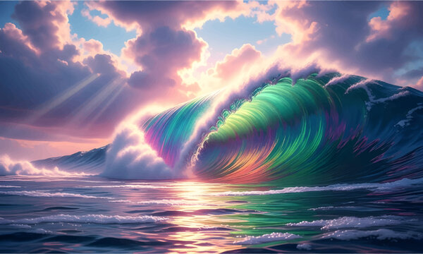 Vibrant Rainbow Colored Ocean Wave Breaking Under Dramatic Sunset Sky with Sun Rays