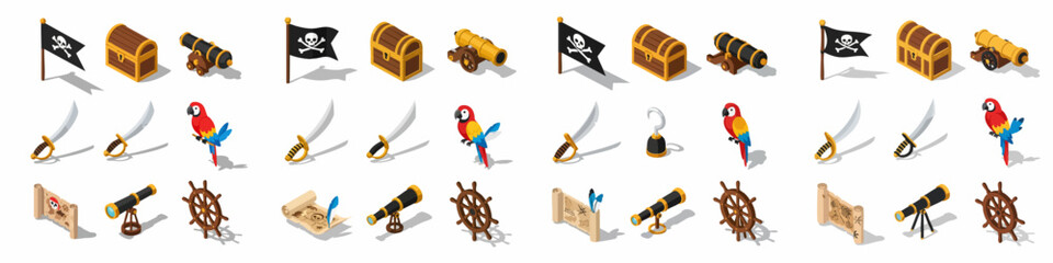 Naklejka premium Isometric Pirate Elements Collection: Jolly Roger Flag, Treasure Chest, Cannon, Ship Wheel, Map, Parrot, Sword, and Spyglass for Adventure and Game Design.