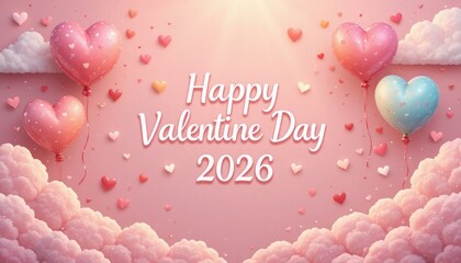 Pink and blue heart balloons floating with happy valentine day 2026 text