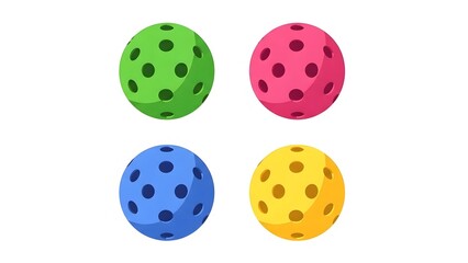 Set of Four Colorful Pickleball Wiffle Balls in Green, Pink, Blue, and Yellow Isolated on White